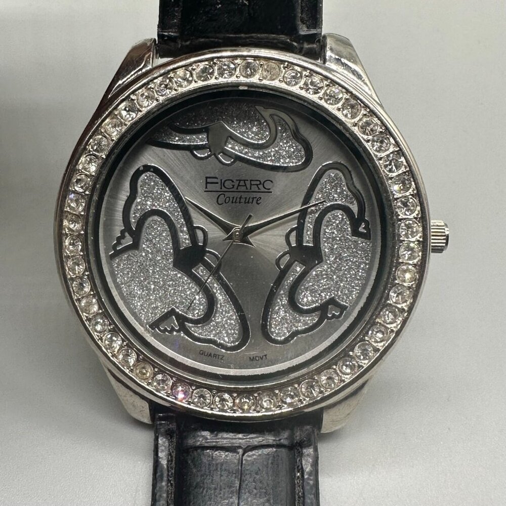 3/$30 Figaro Couture Watch Women Butterfly Dial Silver Tone Black Band